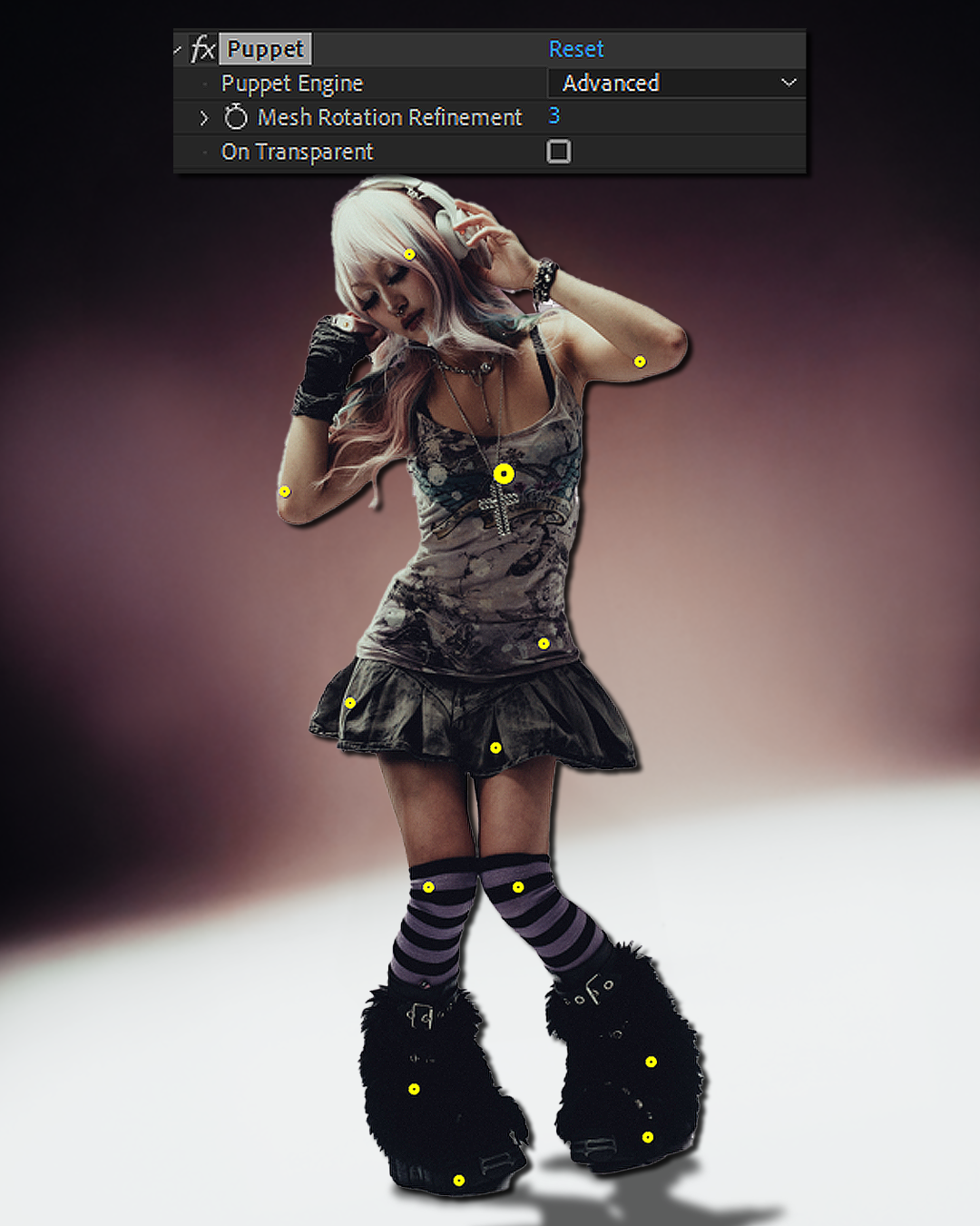 To animate the model, I used the puppet tool and placed a pin at each joint. After, I keyframed them to another pose.
